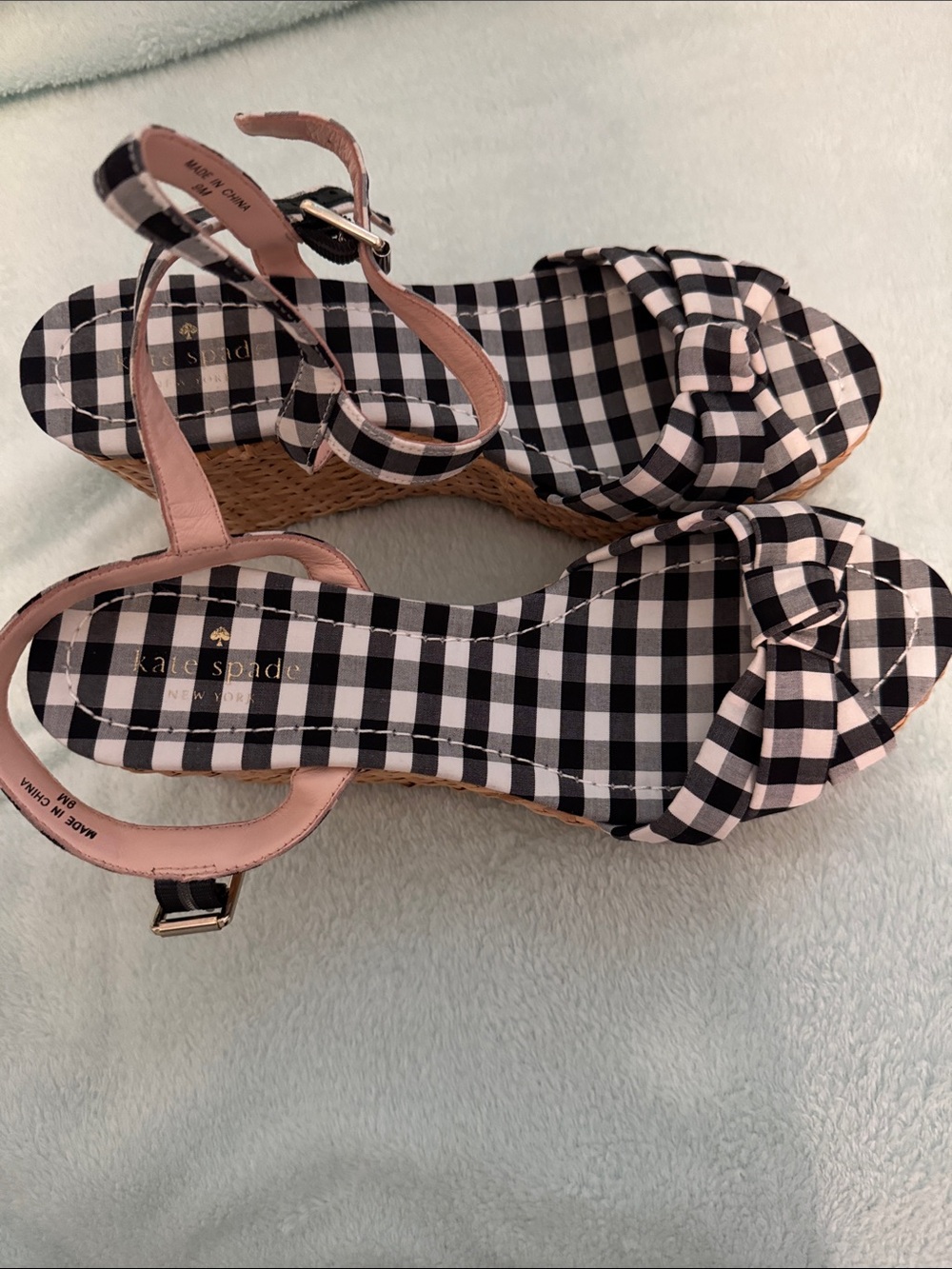 kate spade Black and White Gingham Knot Espadrille Wedge Sandals